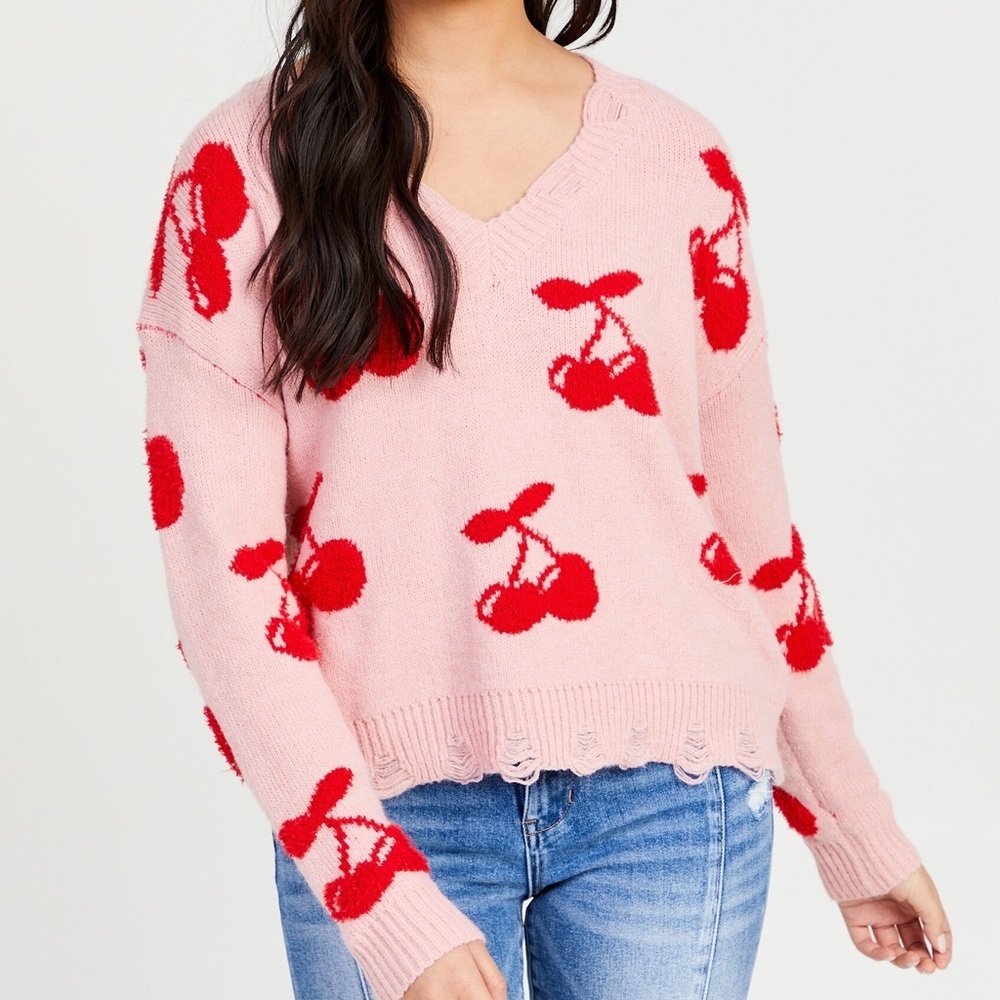 Altar'd State Cherries Pink V-Neck Sweater Distressed Size Medium Red